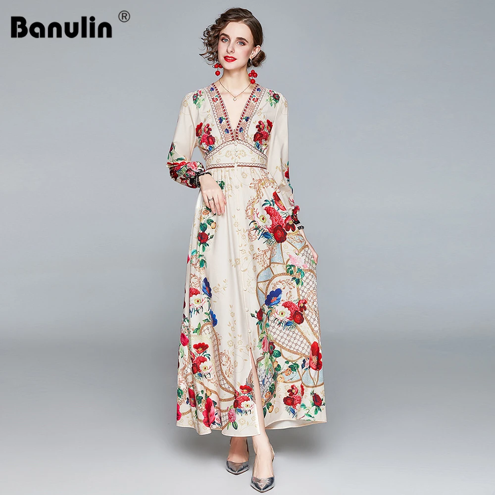 Banulin Autumn Fashion Designer Runway Floral Long Dress Women Deep V-Neck Buttons Down Lantern Sleeve Elastic Waist Maxi Dress
Banulin Autumn Fashion Designer Runway Floral Long Dress Women Deep V-Neck Buttons Down Lantern Sleeve Elastic Waist Maxi Dress