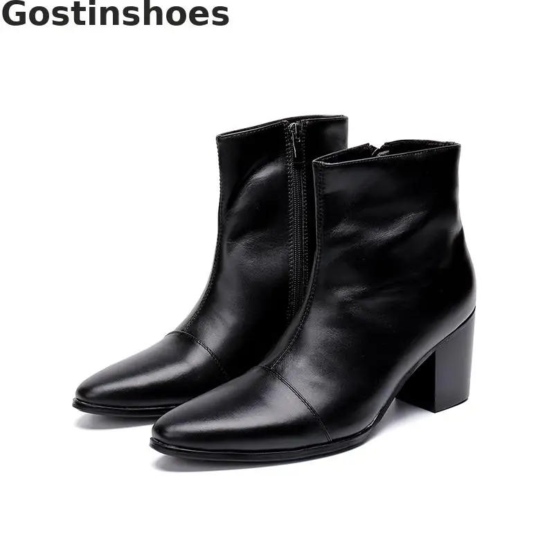 Genuine Leather Men Boots Black Cowhide Pointed Toe Short Boots Side Zip Slip-on Men Work Ankle Boots Height Increased
Genuine Leather Men Boots Black Cowhide Pointed Toe Short Boots Side Zip Slip-on Men Work Ankle Boots Height Increased