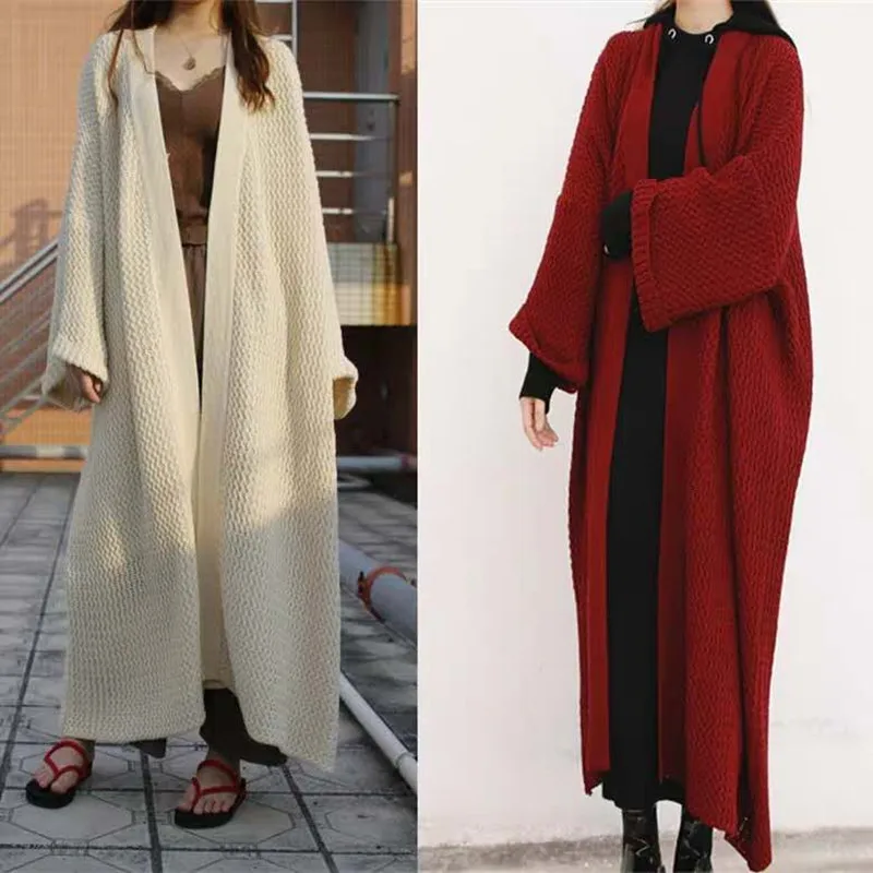 

Женский Повседневный длинный вязаный кардиган, женские топы, Женский винтажный свободный свитер, пальто, однотонный джемпер большого размера, модная одежда в Корейском стиле