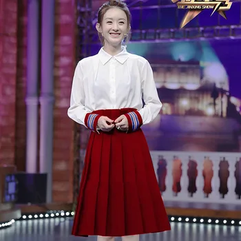 New Women Patchwork White Long Sleeve Top And Sexy Red Pleated Skirt Set M0318 
New Women Patchwork White Long Sleeve Top And Sexy Red Pleated Skirt Set M0318