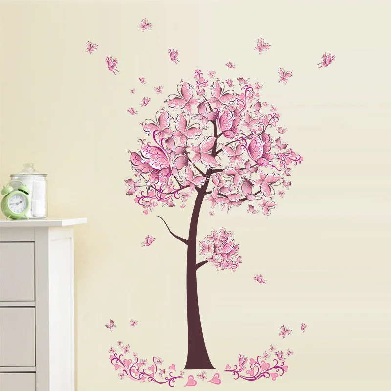 Фото Настенные виниловые наклейки с розовыми бабочками цветами и деревьями | Дом сад