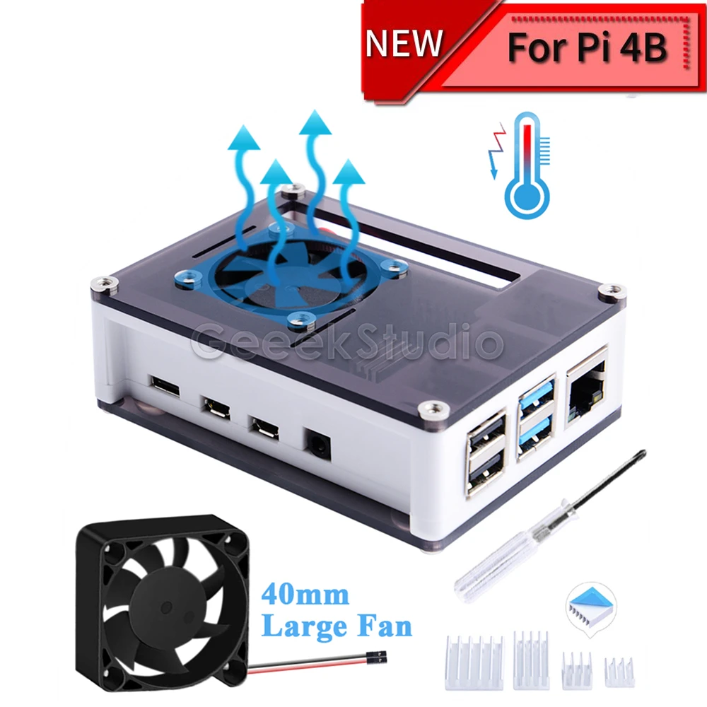 ABS Plastic Blue & Transparent / Dark Brown & White Case with Large Cooling Fan 40*40*10mm Heat sink for Raspberry Pi 4 B
ABS Plastic Blue & Transparent / Dark Brown & White Case with Large Cooling Fan 40*40*10mm Heat sink for Raspberry Pi 4 B