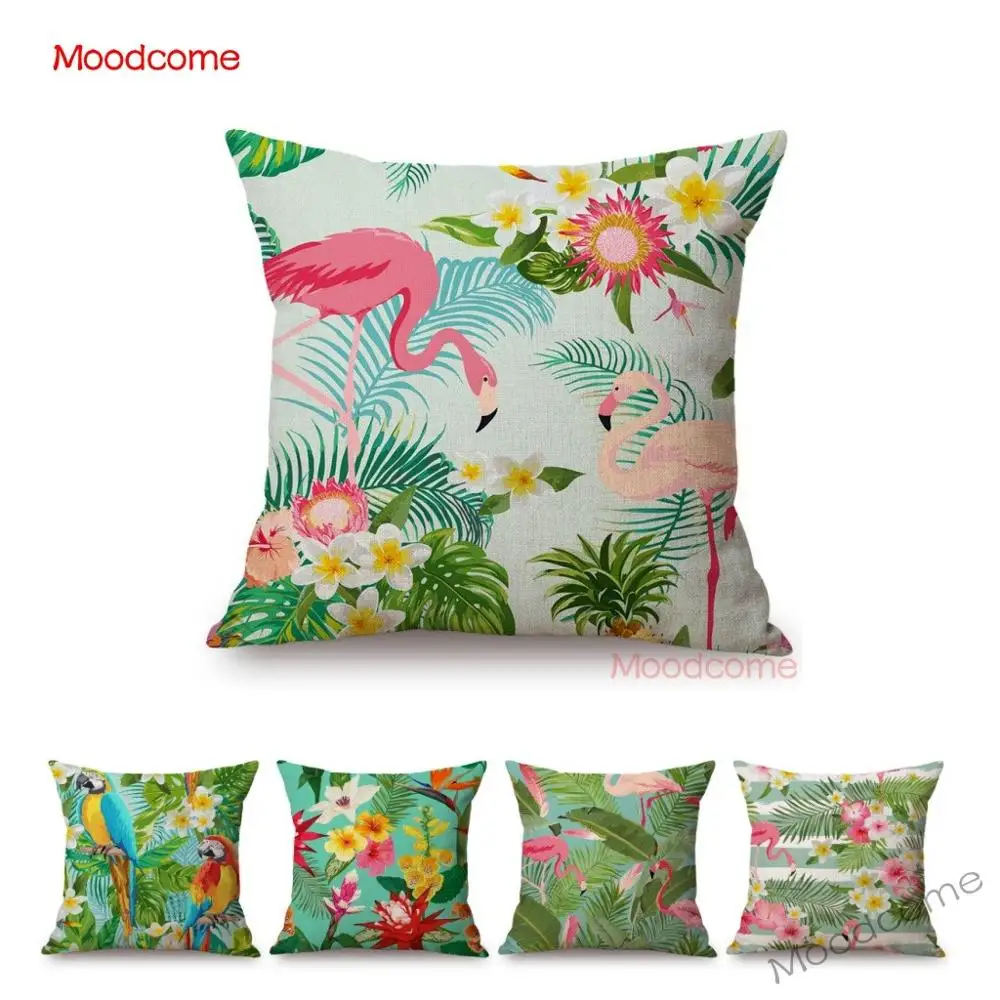 

Summer Tropical Plant Flowers Palm Leaf Jungle Plant Flamingo Birds Home Decorative Sofa Pillow Case Cotton Linen Cushion Cover