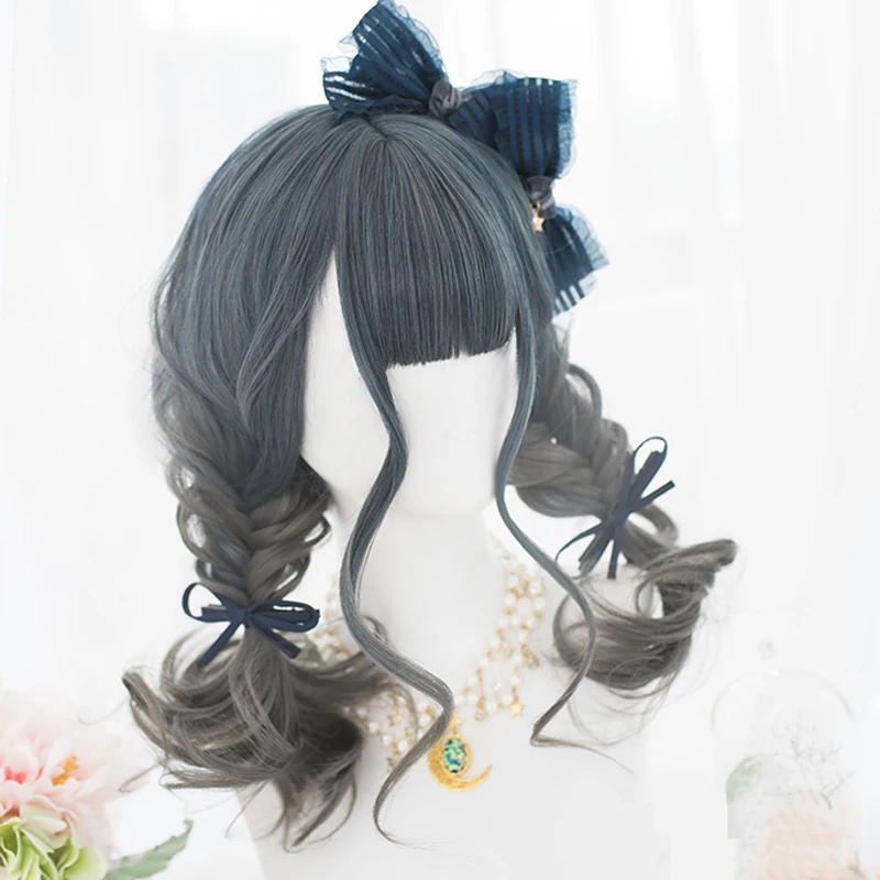 Lovely Girl Lolita Cosplay Wigs High-temperature Fiber Synthetic Hair Blue Gray Gradient Short Curly Hair+free wig net 
Lovely Girl Lolita Cosplay Wigs High-temperature Fiber Synthetic Hair Blue Gray Gradient Short Curly Hair+free wig net