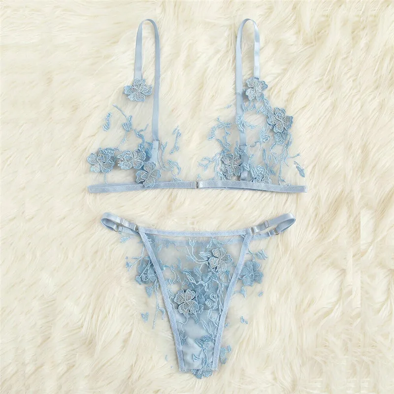 

Sexy Lingerie Lace Bra Thong 2pcs Fashion Women ladies New Floral embroidery Sheer See-through Bralette Bralet Bra Bustier set