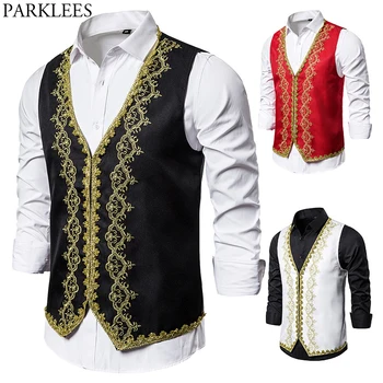 Baroque Style Gold Embroidery Vest Men Stylish Slim Fit Palace Prince Black Vests Mens Stage Prom Drama Opera Costume Gilet 2XL 
Baroque Style Gold Embroidery Vest Men Stylish Slim Fit Palace Prince Black Vests Mens Stage Prom Drama Opera Costume Gilet 2XL