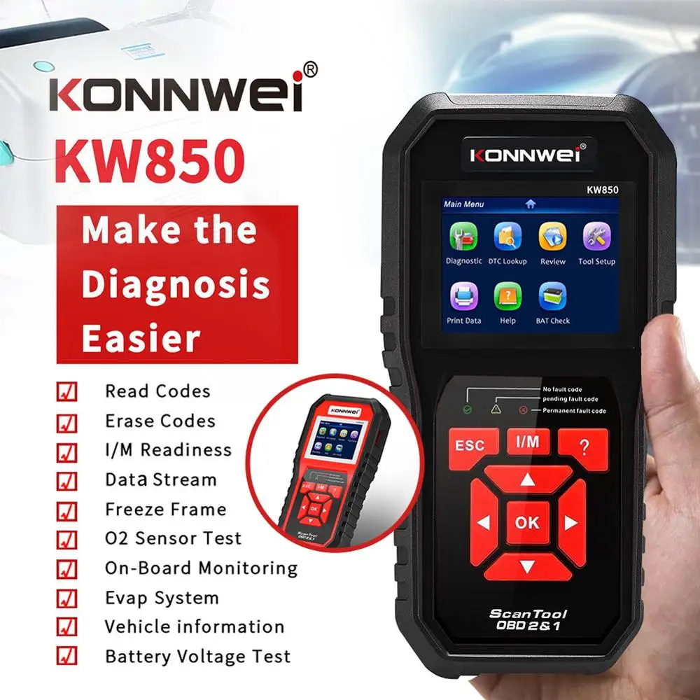 KONNWEI KW850 Professional OBD2 Scanner Auto Code Reader Diagnostic Check Engine Light Scan Tool for OBD II Cars After 1996
KONNWEI KW850 Professional OBD2 Scanner Auto Code Reader Diagnostic Check Engine Light Scan Tool for OBD II Cars After 1996