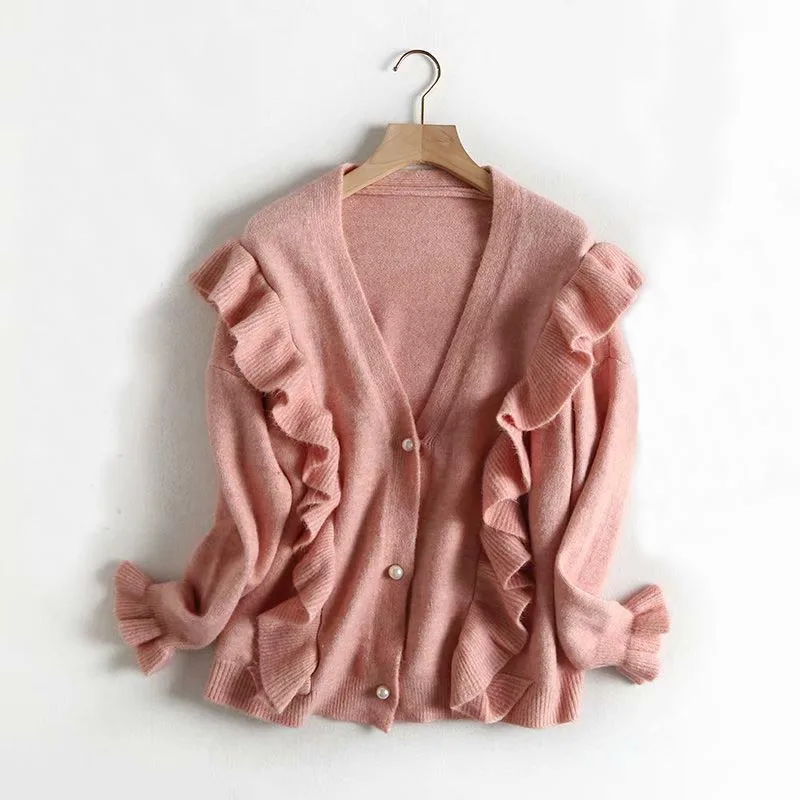 L317 Korean Fashion Deep V Neck Pearl Buttons Sweet Ruffles Deco Solid Color Cardigan Sweaters
L317 Korean Fashion Deep V Neck Pearl Buttons Sweet Ruffles Deco Solid Color Cardigan Sweaters