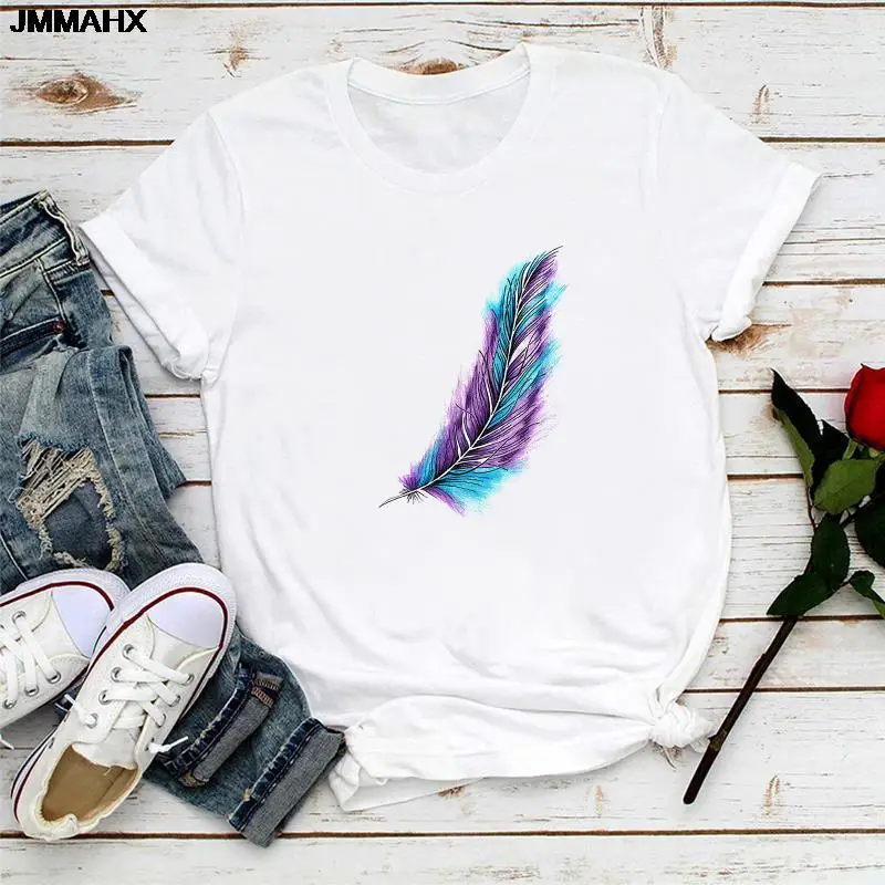 Fashion Feather Printed Womens Casual Harajuku T-shirt Loose O-neck Short Sleeve Elastic Stretched Summer Female Clothing Tshirt
Fashion Feather Printed Womens Casual Harajuku T-shirt Loose O-neck Short Sleeve Elastic Stretched Summer Female Clothing Tshirt