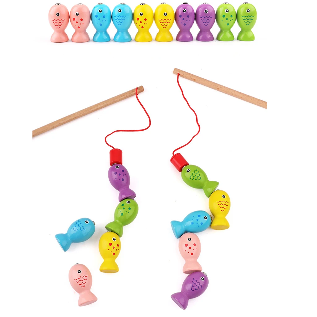 Magnetic Wooden Puzzle Fishing Game Playset with 10 Fishes, 2 Poles, and 1 Fishing Cat Board Magnetic Wooden Puzzle Fishing Game Playset with 10 Fishes, 2 Poles, and 1 Fishing Cat Board