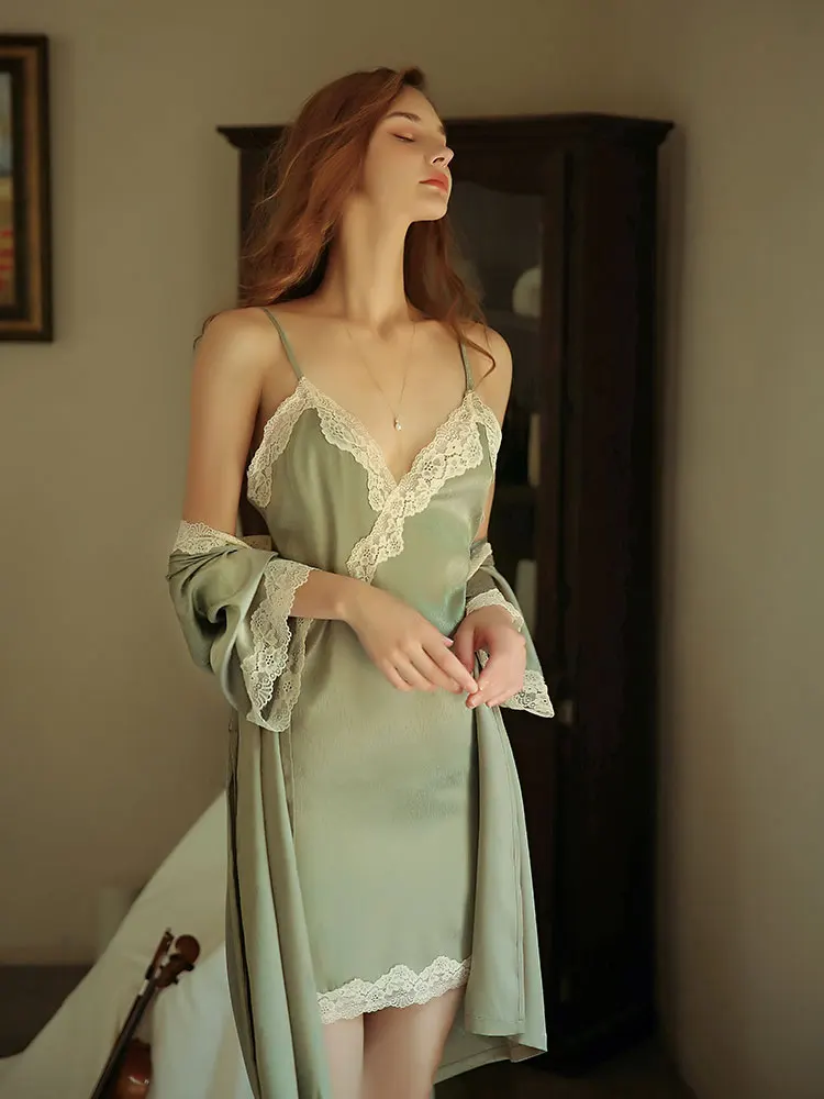 Waliicorners Robe Nightdress Set For Female Lace High Quality Classical Silk Top Sexy Bathrobe Ladies Home Wear Nightgown Nightdress Set 16 Hb746627f655a4b65bce46fb8e68cb9da3