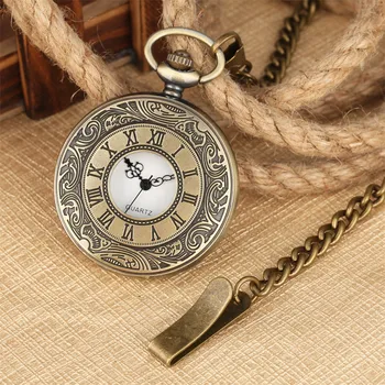 

Classical Bronze Hollow Pocket Watch with Pocket Chain for Men Roman Numerals Dial Pendant Watches Gift for Boyfriend Drop Ship