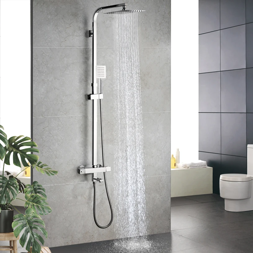 

YANKSMART Newly 8 Inch Thermostatic Shower Set Faucet w/ Hand Sprayer Chrome Plate Rainfall Shower Tub Mixer Faucet Tap