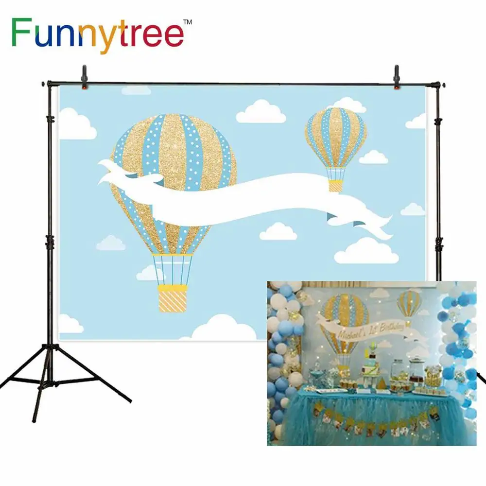 

Funnytree first Communion decoration party background photography photo blue hot air balloon birthday photozone backdrop custom