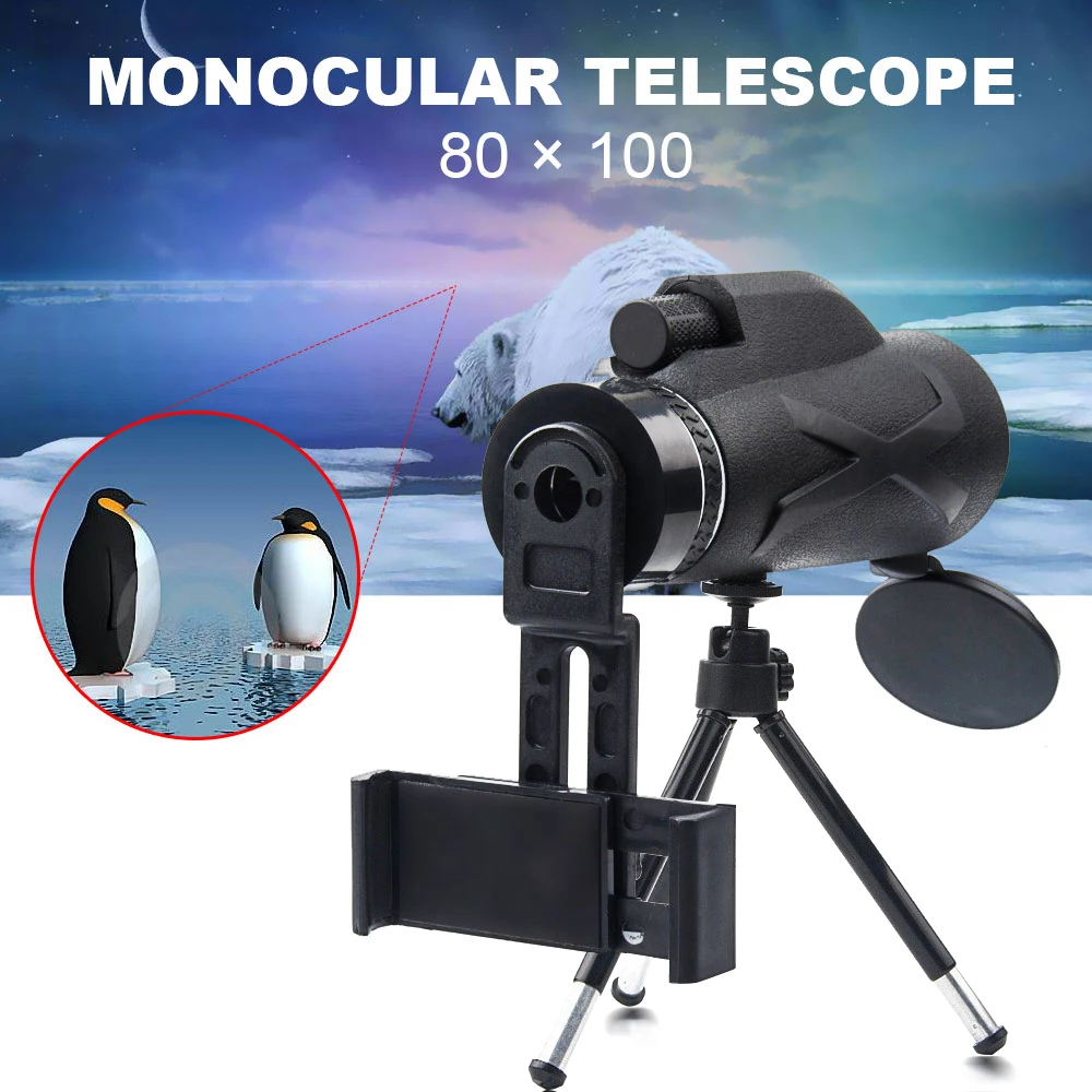 Фото US 80X100 Monocular Zoom Portable Prism BAK4 Optical Telescope with Phone Clip Tripod For Hunting Camping Spotting | Инструменты