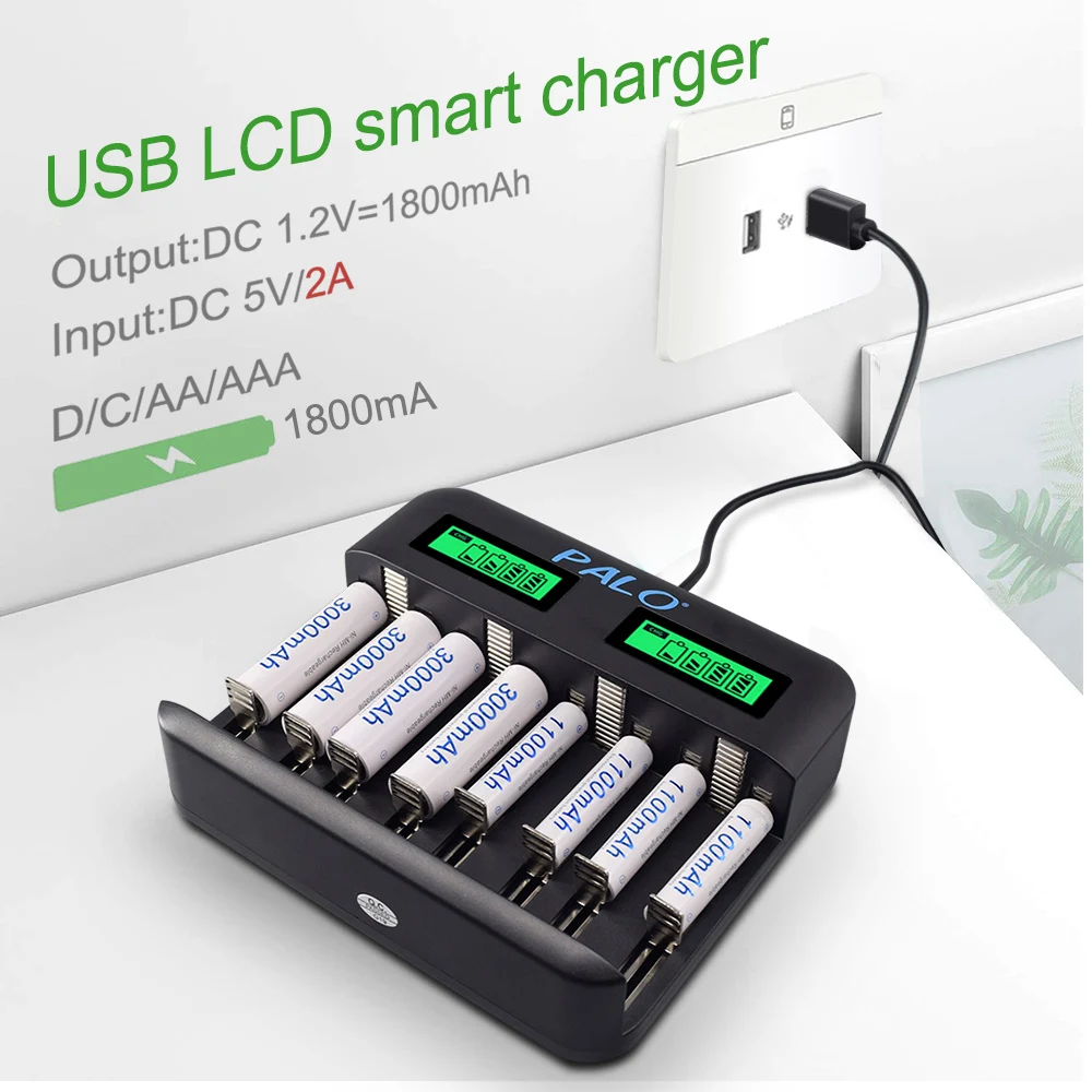 

PALO 8 slots LCD display USB Smart battery Charger for AA AAA SC C D Size Rechargeable Battery 1.2V Ni-MH Ni-CD Quick Charger