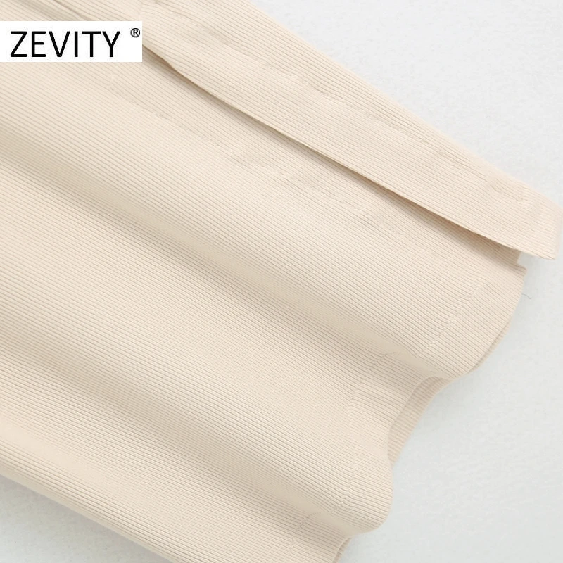 ZEVITY New Women fashion solid color pleats knitting straight pants female elastic waist slim Trousers chic hem split pants P936