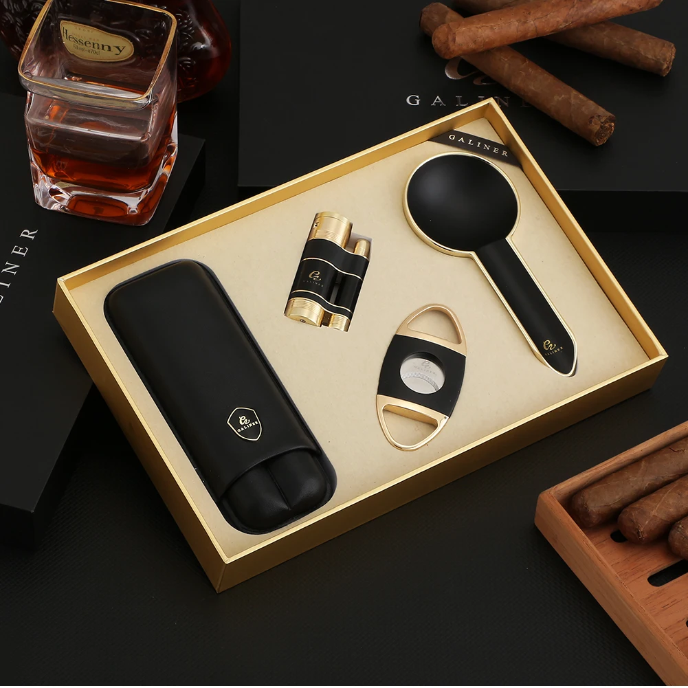 

GALINER Luxury Cigar Set Metal Ashtray Leather Cigar Case Torch Lighter W/ Cigar Drill Sharp Cutter Tobacco Guillotine Gift Box