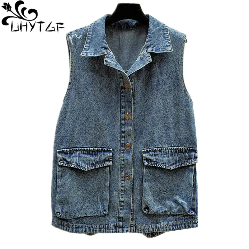 

UHYTGF Vests for women fashion pocket Spring autumn denim vest female blue casual big size waistcoat sleeveless short coat 1495