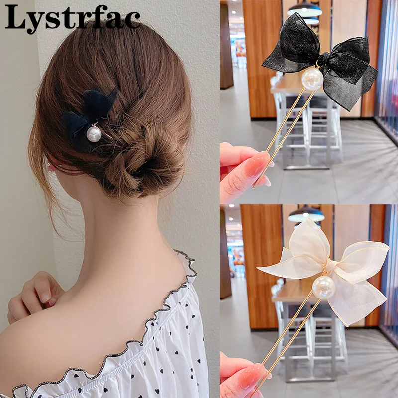 

Lystrfac Korean Alloy Mesh Bow Pearl Hair Sticks for Women Girls Hairpin Metal Pearl Hairclips Headwear Female Hair Accessories