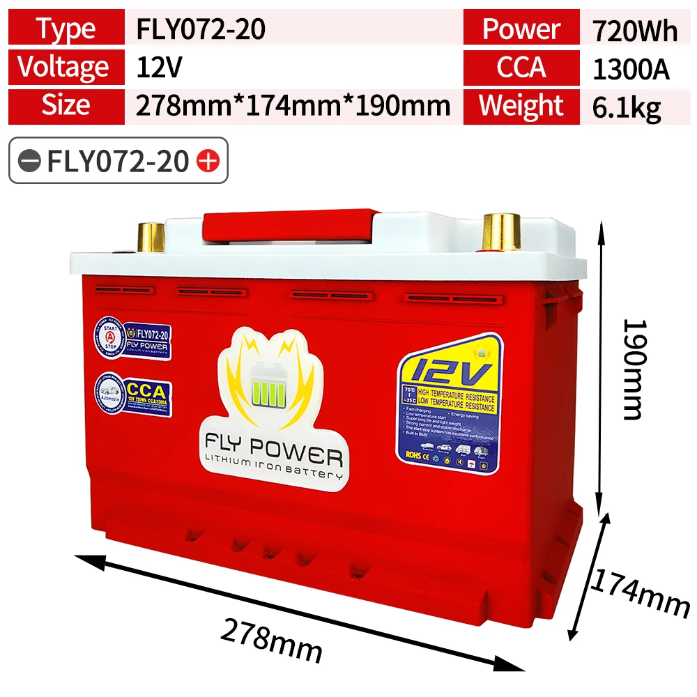 

12V 70Ah Lithium iron Phosphate Automotive Start Stop Battery, Compatible With Automotive Emergency, 1300CCA, 278 x 174 x 190 mm