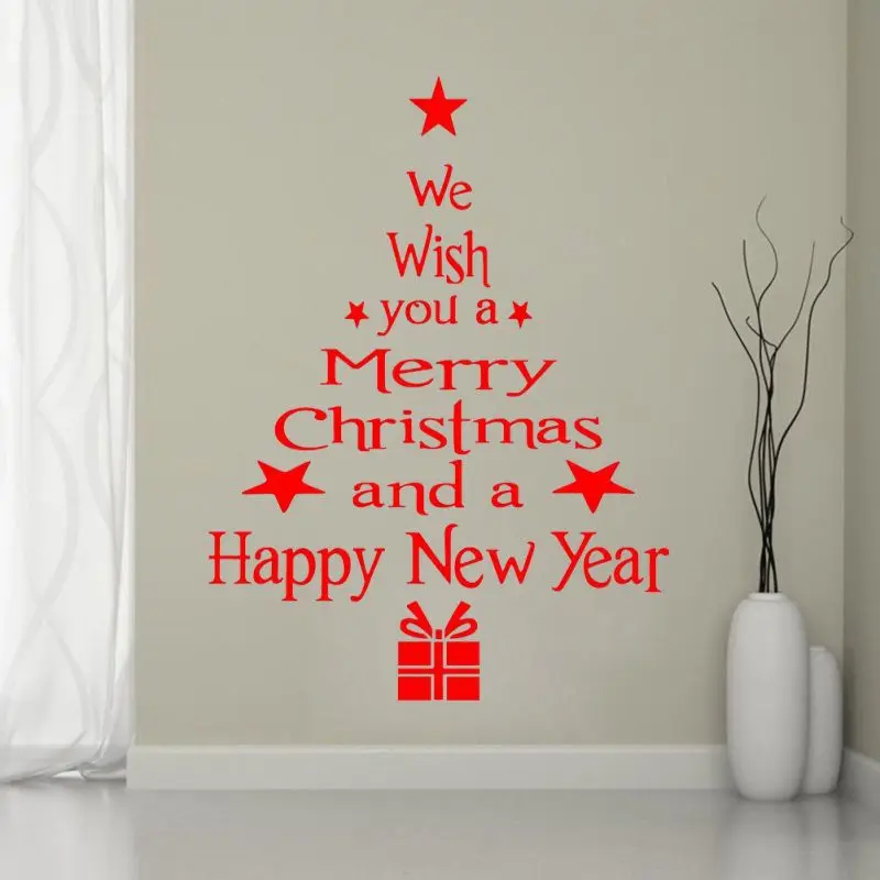 

58x43cm Merry Christmas Red Wall Sticker PVC Self Adhesive Xmas Tree Pattern Glass Showcase Window Door Background