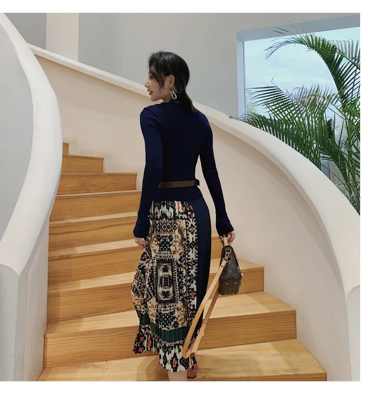 Elegant Sweater Dress Autumn Winter Knitted Long Sleeve Women Dress Printing Pleated Patchwork Office Casual Long Dress 
Elegant Sweater Dress Autumn Winter Knitted Long Sleeve Women Dress Printing Pleated Patchwork Office Casual Long Dress