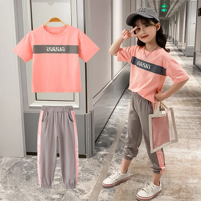 Фото Summer Girls Clothes Set Teen Kids Clothing Sports Suit Child Letter T-shirt+Casual Pants 2pcs Tracksuit for Baby Girl 8 10 Year | Детская