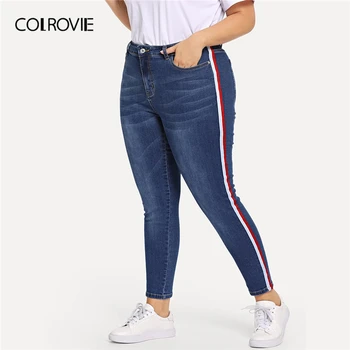 

COLROVIE Plus Contrast Tape Side Bleach Wash Jeans Women 2019 New Autumn Skinny Blue Jeans Casual Ladies Denim Pants
