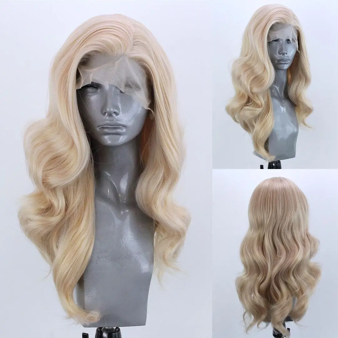 Фото Glueless Synthetic Lace Front Wig T Part Gloden Blonde Long Wavy Side Wigs Hair for Women | Шиньоны и парики