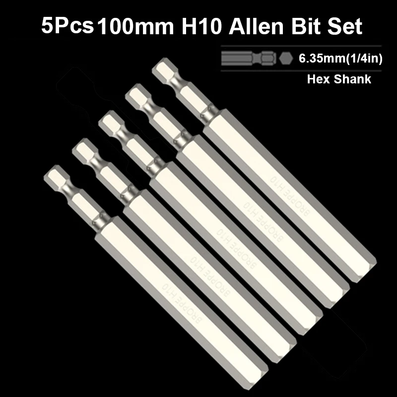 

5Pcs Hex Head Allen Wrench Drill Bits H10 H12 Metric Hex Bit Set S2 Steel 100mm Hex Key Screwdriver Bits with Magnetic Tip