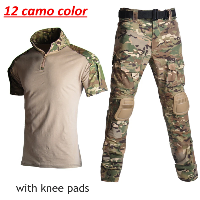 Tactical Military Uniform Army Camouflage Training Suit Short Sleeve T Shirts + Pants Airsoft Hunting Clothing with Knee Pads
Tactical Military Uniform Army Camouflage Training Suit Short Sleeve T Shirts + Pants Airsoft Hunting Clothing with Knee Pads
