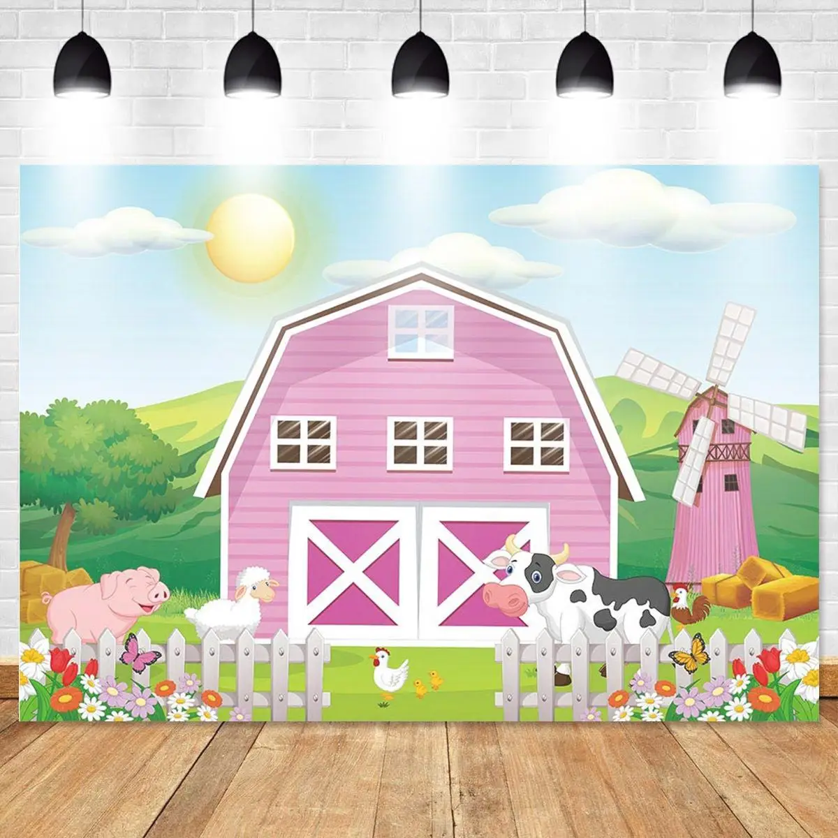 Фото Ферма тематический фон для детской фотосъемки с изображением звезд розовый