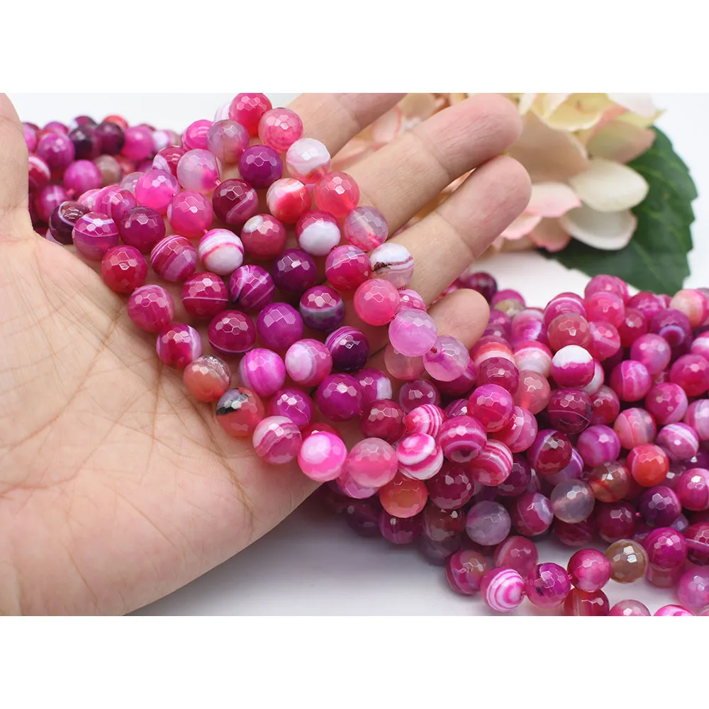

2 strands 6-12mm Natural Faceted Pink Banded Agate Round stone beads For DIY Bracelet Necklace Jewelry Making Strand 15"