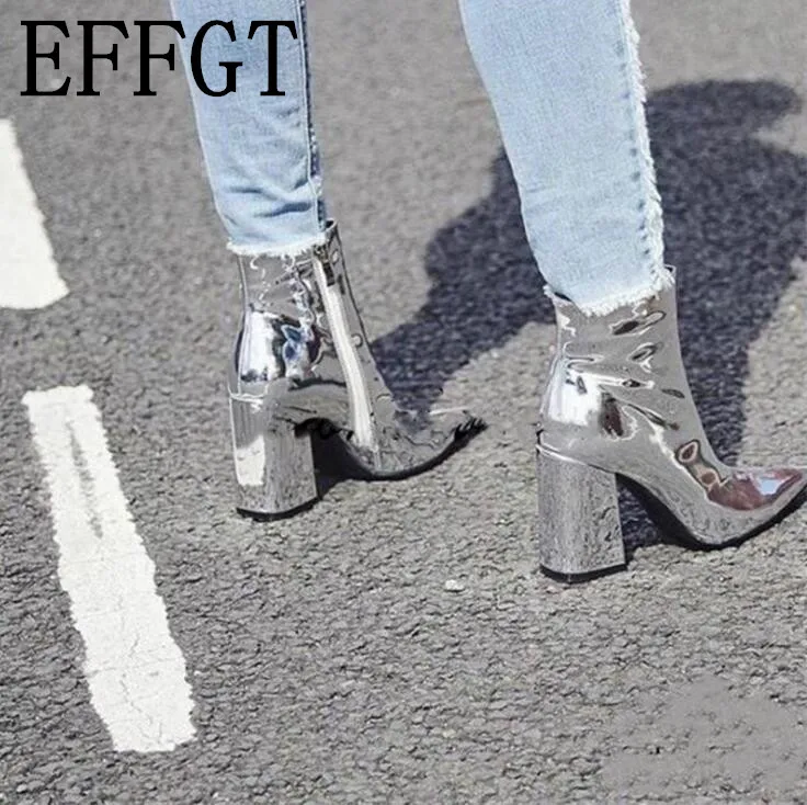 EFFGT Women Metal Silver Ankle Boots 2019 Fashion Pointed Toe High Heel martin Boot Patent Leather zip casual women Shoes A295
EFFGT Women Metal Silver Ankle Boots 2019 Fashion Pointed Toe High Heel martin Boot Patent Leather zip casual women Shoes A295
