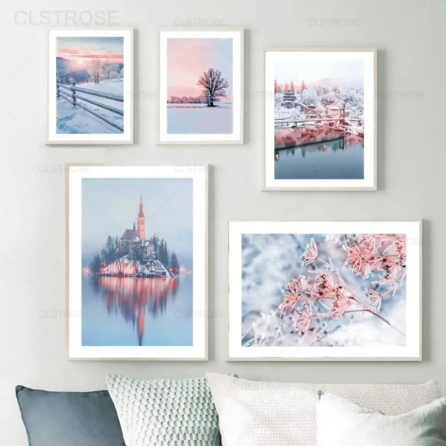 

Winter Snow Sunset Landscape Canvas Painting Wall Art Mountain Tree Lake House Flower Scenery Poster Picture Home Room Decor