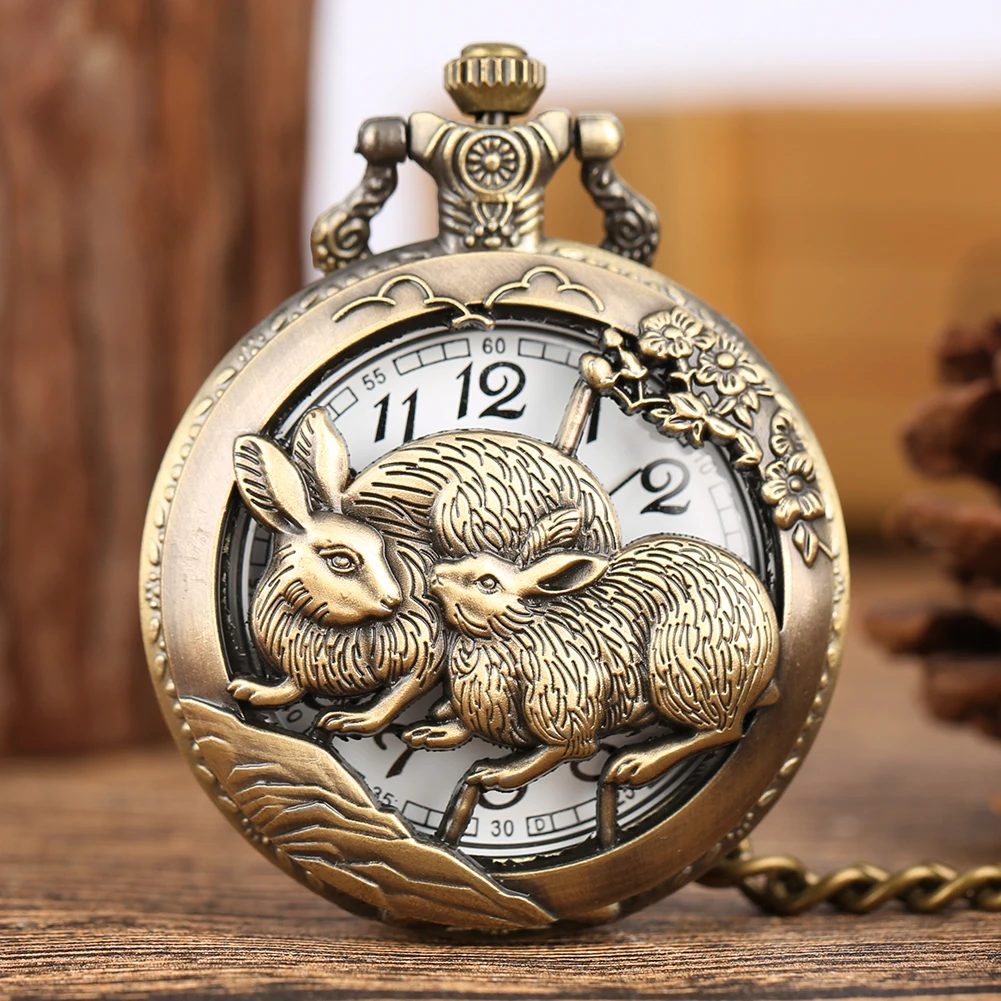 

Half Hunter Antique Chinese Zodiac Rabbit Quartz Pocket Watch Unisex Pendant Watch Necklace Chain Bronze Collection Clock Gifts