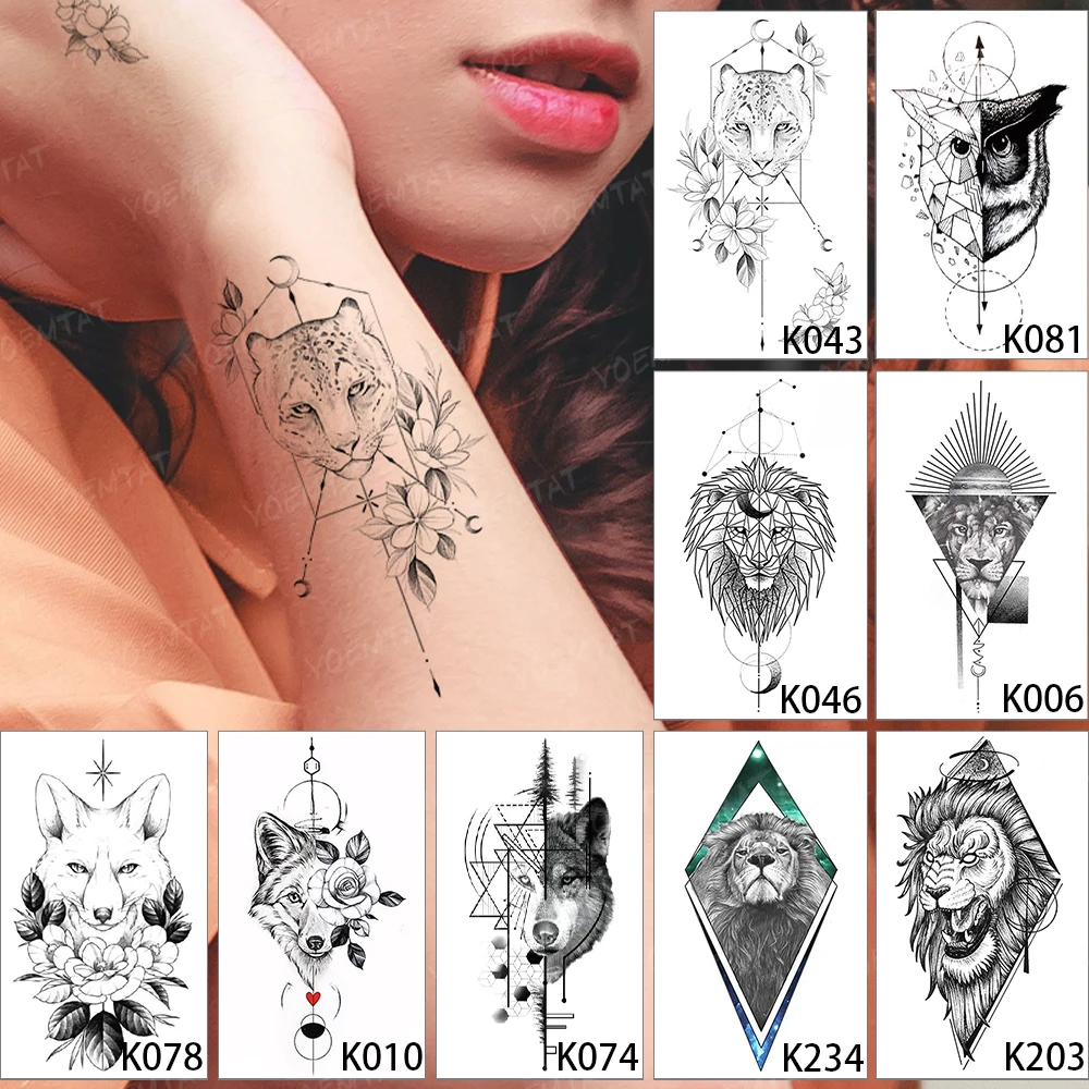 

9pcs/Lot Waterproof Temporary Tattoo Sticker Black Line Leopard Tiger Lion Wolf Owl Animal Tatoo Woman Man Totem Art Fake Tatto