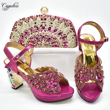 Most fashion fuchsia wedding/party high heel pump shoes matching evening bag set with crystal stones 398-2 heel height 9cm 
Most fashion fuchsia wedding/party high heel pump shoes matching evening bag set with crystal stones 398-2 heel height 9cm