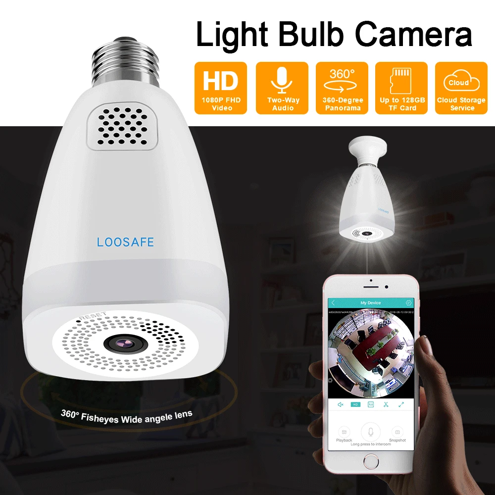 360° Degree LED Mini Light Bulb 1080P HD Two Ways Audio Wireless Panoramic Home Security WiFi CCTV Fisheye Bulb Lamp IP Camera
360° Degree LED Mini Light Bulb 1080P HD Two Ways Audio Wireless Panoramic Home Security WiFi CCTV Fisheye Bulb Lamp IP Camera