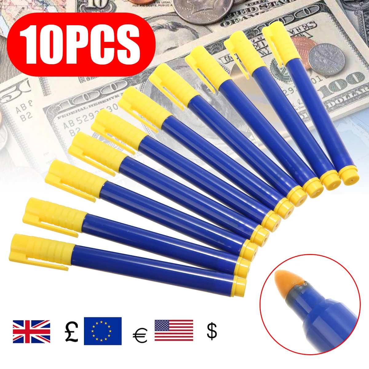 Фото 10pcs/set Practical 130mm Bank Note Checker Tester Pens Counterfeit Fake Currency Money Pounds Euros Dollars Detector Marker Pen |