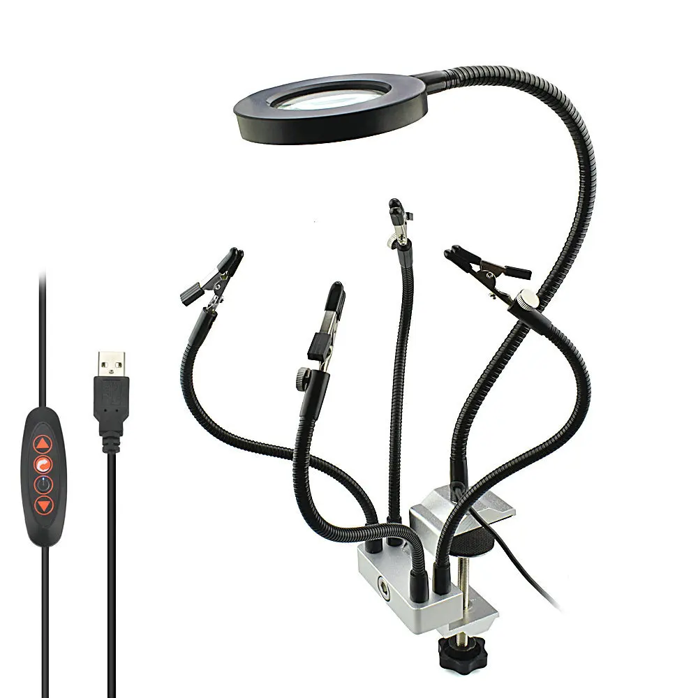 LED 3X Magnifier Bench Vise Table Clamp Soldering Helping Hand Soldering Station USB Interface Flexible Arms Third Hand Tool
LED 3X Magnifier Bench Vise Table Clamp Soldering Helping Hand Soldering Station USB Interface Flexible Arms Third Hand Tool