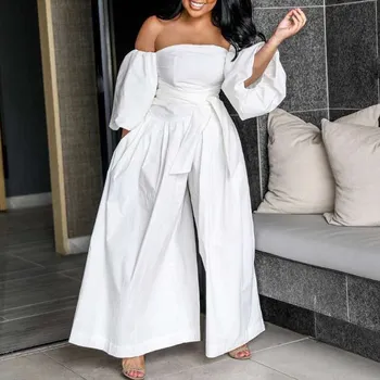 Women Sexy Slash Neck Plus Size Playsuits Puff Sleeve Wide Leg Jumpsuit Off Shoulder Backless Loose Overall 
Women Sexy Slash Neck Plus Size Playsuits Puff Sleeve Wide Leg Jumpsuit Off Shoulder Backless Loose Overall