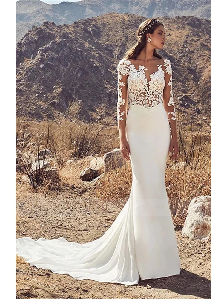 vestido novia Elegant Backless Mermaid Wedding Dress Long Sleeves Lace Appliques Wedding Gown White Ivory Stain Bride Dresses (2)