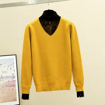 V Neck Lace Flower Patchwork Half Turtleneck Faux Two Piece sweater women Casual Pullover pull femme nouveaute 2019
V Neck Lace Flower Patchwork Half Turtleneck Faux Two Piece sweater women Casual Pullover pull femme nouveaute 2019