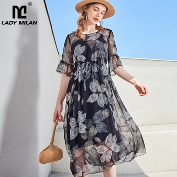 100% Silk Women's Runway Dresses O Neck Short Sleeves Printed Lace Up Waist Ruffles Fashion Casual Mid Calf Summer Dresses
100% Silk Women's Runway Dresses O Neck Short Sleeves Printed Lace Up Waist Ruffles Fashion Casual Mid Calf Summer Dresses