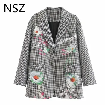 NSZ women black and white plaid oversized blazer daisy print single breasted loose elegant formal jacket office ladies work coat
NSZ women black and white plaid oversized blazer daisy print single breasted loose elegant formal jacket office ladies work coat