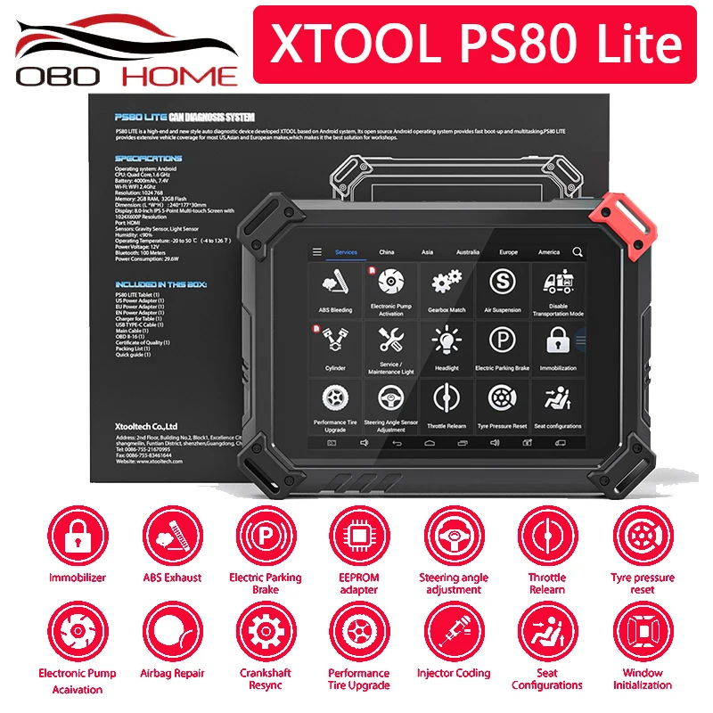 Диагностический инструмент XTOOL PS80 Lite OBD2 система полной диагностики адаптер IMMO ABS