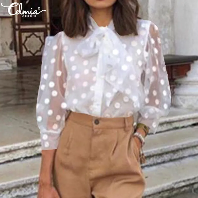 2019 Celmia Women Embroidery Mesh See-through Top Shirt Fashion White Blouse 3/4 Sleeve Bow Tie Polka Dot Blusas Mujer Plus Size
2019 Celmia Women Embroidery Mesh See-through Top Shirt Fashion White Blouse 3/4 Sleeve Bow Tie Polka Dot Blusas Mujer Plus Size