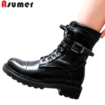 ASUMER 2020 new genuine leather boots women shoes belt buckle zipper lace up ankle boots square heels round tod flat boots
ASUMER 2020 new genuine leather boots women shoes belt buckle zipper lace up ankle boots square heels round tod flat boots